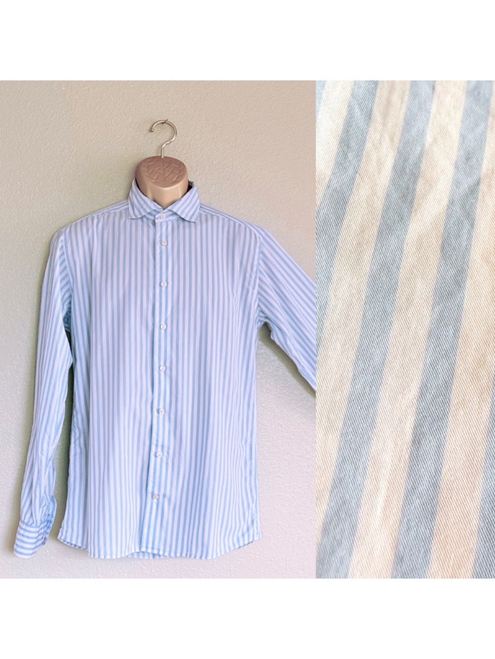 Eton Men's Light Blue & White Wide Stripe Lightweight Cotton Twill Shirt Sz L